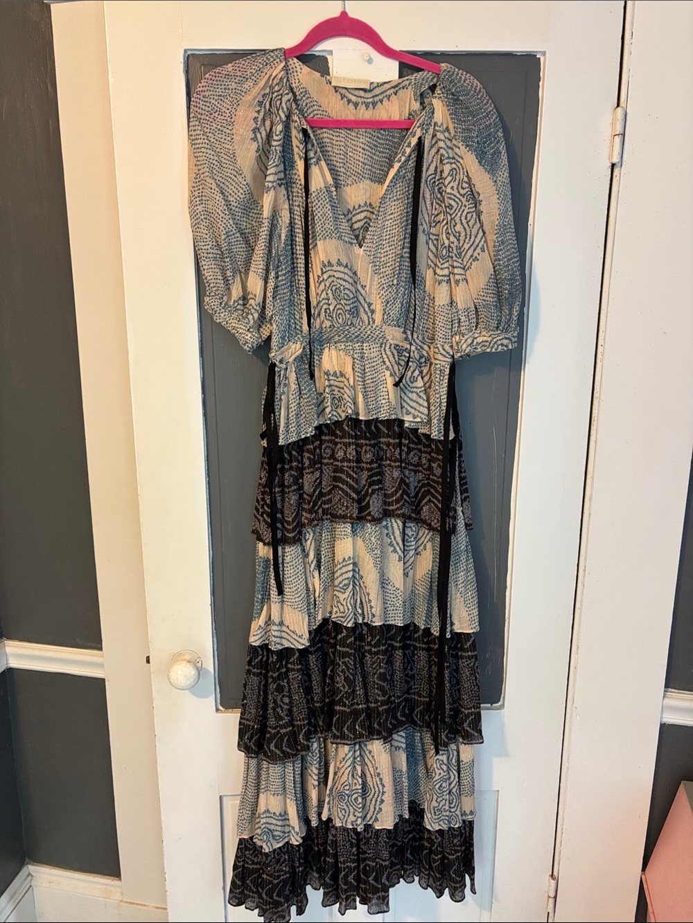Ulla Johnson Cream and Black Printed Tiered Maxi Dresss